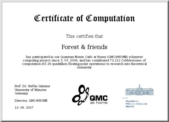Certifikát projektu QMC@home