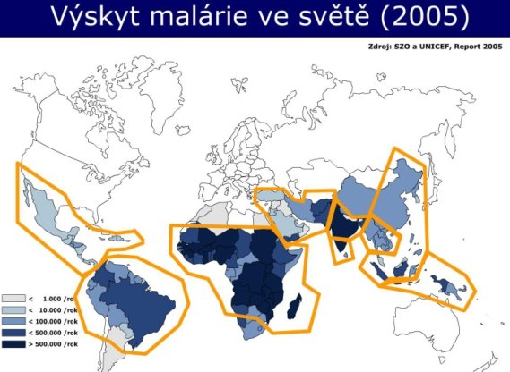 Výskyt malárie v roce 2005